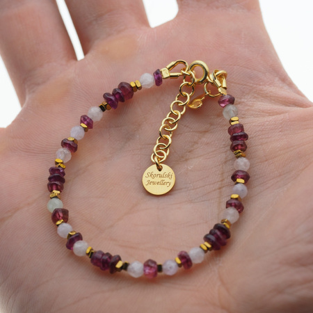 Bransoletka - Morganit, Granat, Hematyt i srebro złocone