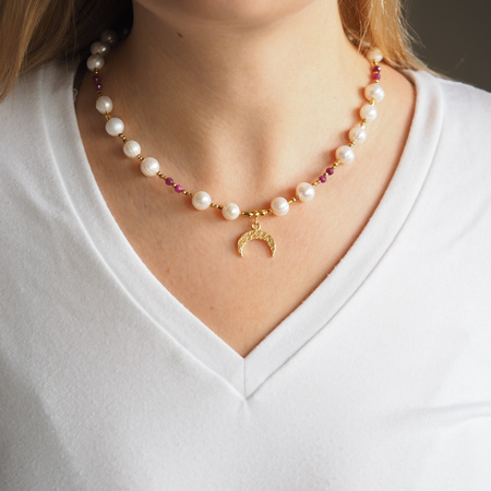 Naszyjnik - Białe Perły, Rubin, hematyt i srebro złocone