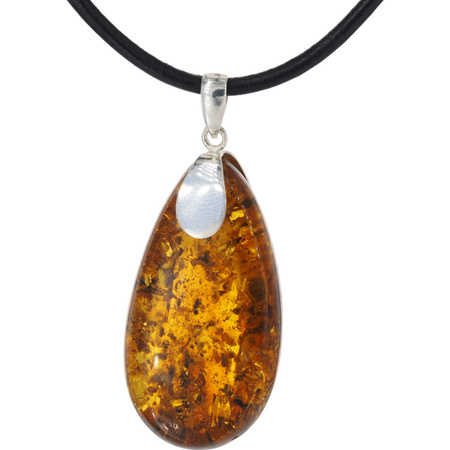 Naszyjnik na rzemieniu - Bursztyn z łuskami w srebrze