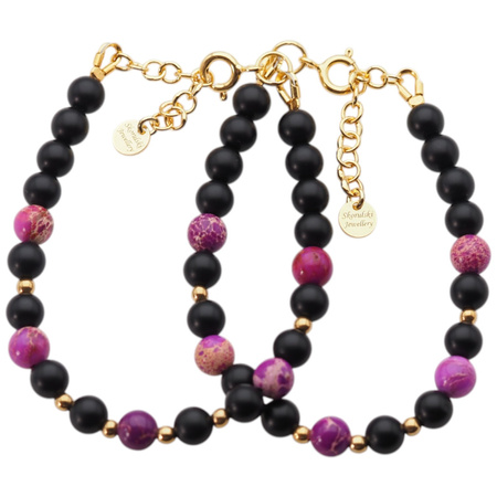 Bransoletka z fioletowym Jaspisem cesarskim i Onyksem – srebro pozłacane 24k