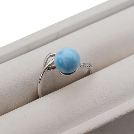 Pierścionek regulowany - okrągły Larimar i cyrkonie w srebrze rodowanym