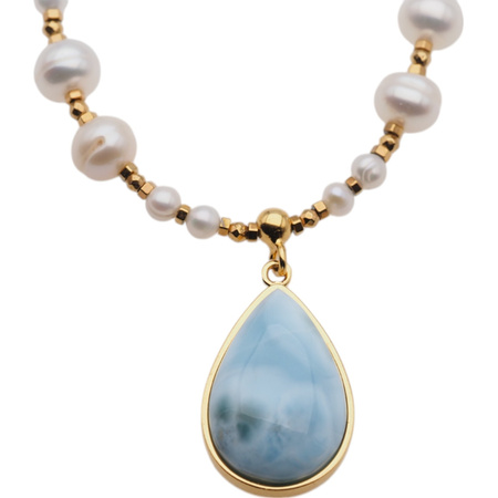 Naszyjnik z zawieszką - Larimar, Perła, Turmalin niebieski i srebro złocone