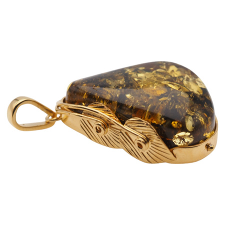 Zawieszka z liściem - Bursztyn zielony w srebrze złoconym