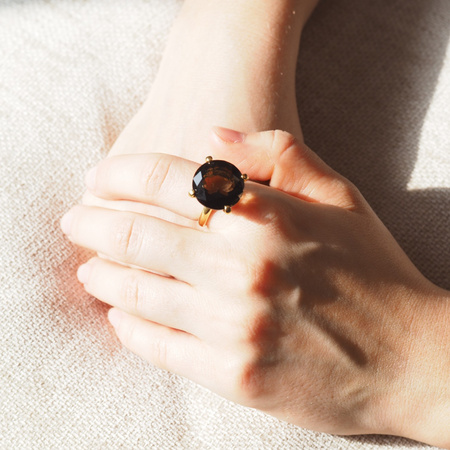 Pierścionek - Kwarc dymny okrągły (szlif diamentowy) w srebrze złoconym