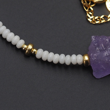 Naszyjnik regulowany - Koral biały i surowe kamienie - Prehnit, Cytryn, Ametyst