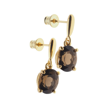 Kolczyki na wiszących sztyftach - Kwarc dymny owal (szlif diamentowy) w srebrze złoconym