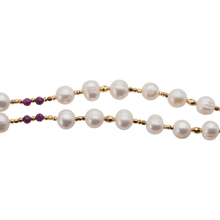 Naszyjnik - Białe Perły, Rubin, hematyt i srebro złocone