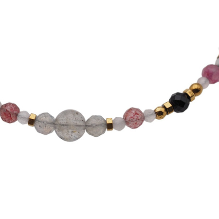 Bransoletka mix - Turmalin, labradoryt, kwarc różowy i srebro złocone