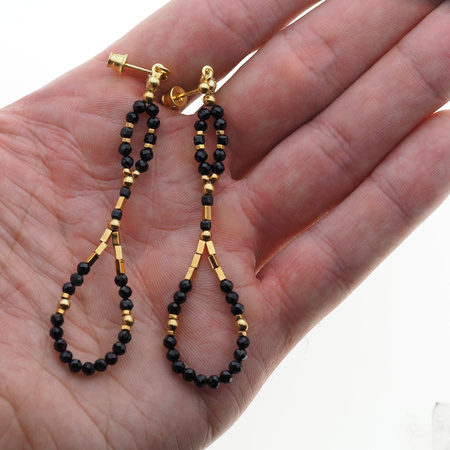 Kolczyki wiszące sztyfty - Turmalin czarny i srebro złocone