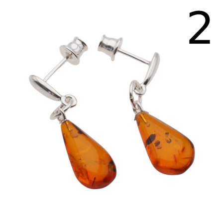 Kolczyki wiszące sztyfty - koniakowy Bursztyn krople i srebro