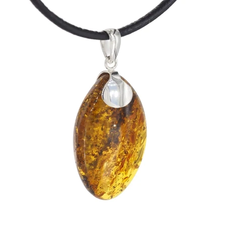 Naszyjnik na rzemieniu - Bursztyn z łuskami w srebrze 
