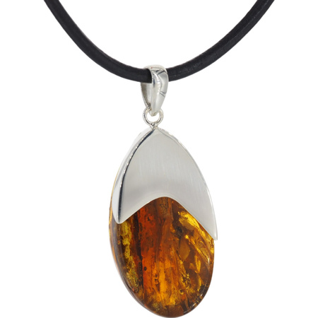 Naszyjnik na rzemieniu - Bursztyn łza z inkluzjami roślinnymi w srebrze
