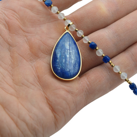 Naszyjnik z Kyanitem i Kamieniem Księżycowym – ręcznie wykonany, srebro pozłacane 925