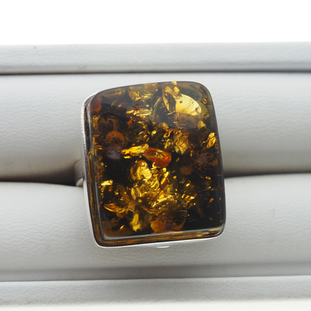 Pierścionek regulowany z prostokątnym Bursztynem Zielonym w srebrze