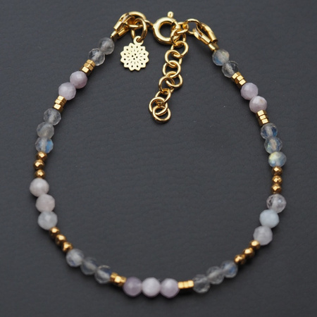 Bransoletka - Labradoryt, Kunzyt, Hematyt i srebro złocone