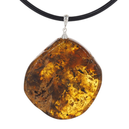 Naszyjnik na rzemieniu - Bursztyn z łuskami w srebrze