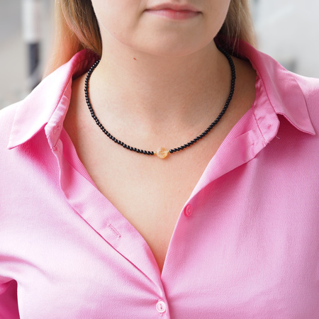 Naszyjnik obfitości i ochrony - Cytryn, Turmalin czarny, koniczynka i srebro złocone