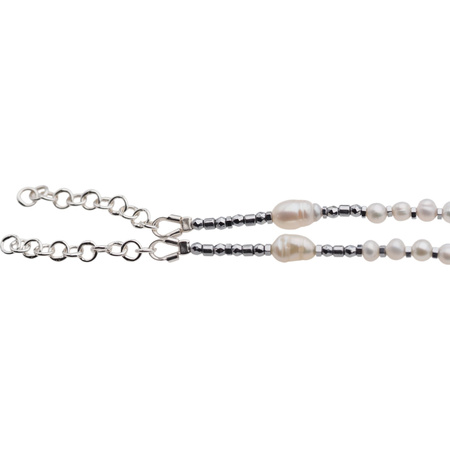 Bransoletka na nogę - Perły białe, czarne, hematyt i srebro