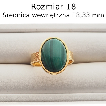 Pierścionek regulowany z owalnym Malachitem 16x12 w młotkowanym srebrze złoconym