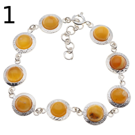 Bransoletka - mleczny bursztyn okrągły i srebro młotkowane