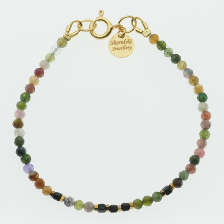 Bransoletka - cięty Turmalin kolorowy. Hematyt i srebro złocone