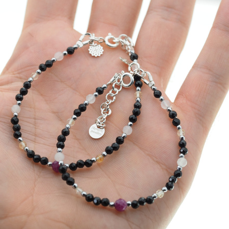 Bransoletka mix - Turmalin, cytryn, kwarc różowy, rubin i srebro