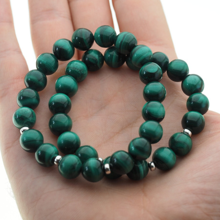 Bransoletka na gumce - malachit kulki 8,5 mm i srebro