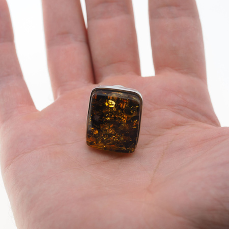 Pierścionek regulowany z prostokątnym Bursztynem Zielonym w srebrze