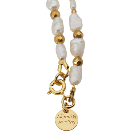 Naszyjnik długi - Białe Perły hodowane, Onyks i srebro złocone