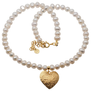 Naszyjnik z sercem młotkowanym - Perły białe i srebro złocone