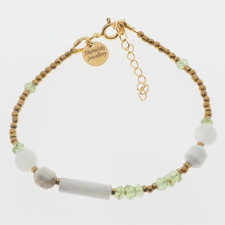 Bransoletka - Kamień Księżycowy, Hematyt, Perydot, Howlit i srebro złocone