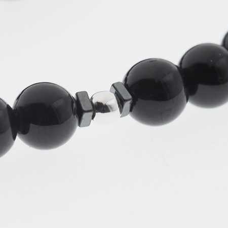 Naszyjnik - Turmalin czarne kulki, Hematyt i srebro