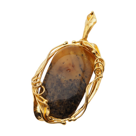 Zawieszka z liściem - Bursztyn w srebrze złoconym