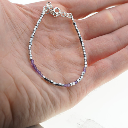 Bransoletka urodzeniowa luty - ametyst, hematyt i srebro