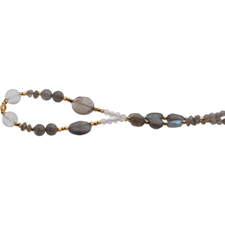 Naszyjnik długi - Labradoryt, kryształ górski hematyt i srebro złocone