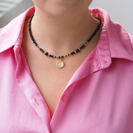 Naszyjnik regulowany - Turmalin czarny kulki, zawieszka słońce i  srebro złocone