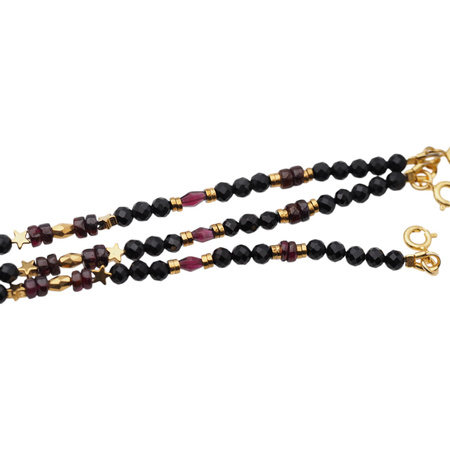 Bransoletka regulowana - Granat, Turmalin czarny, gwiazdki i srebro złocone (świąteczne)