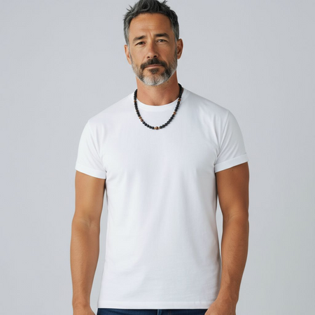 Naszyjnik męski - Bronzyt, lawa, złoty Hematyt i srebro złocone