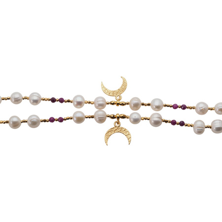 Naszyjnik - Białe Perły, Rubin, hematyt i srebro złocone