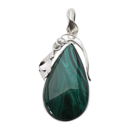 Zawieszka malachit łza w srebrze z liśćmi