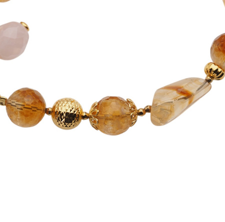 Bransoletka - Cytryn cięty, Kwarc Różowy i srebro złocone