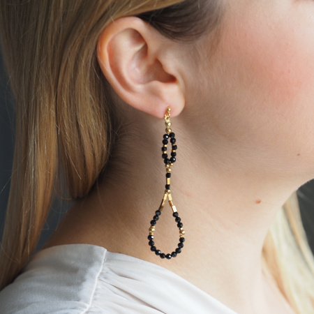 Kolczyki wiszące sztyfty - Turmalin czarny i srebro złocone