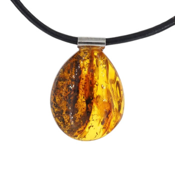 Naszyjnik na rzemieniu - przezroczysty Bursztyn z inkluzją roślinną