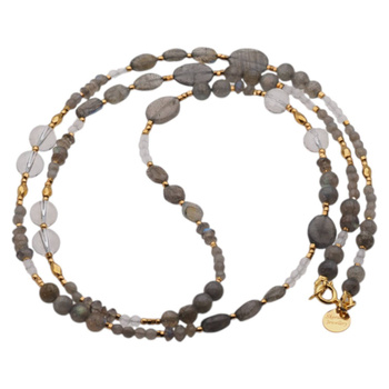 Naszyjnik długi - Labradoryt, kryształ górski hematyt i srebro złocone