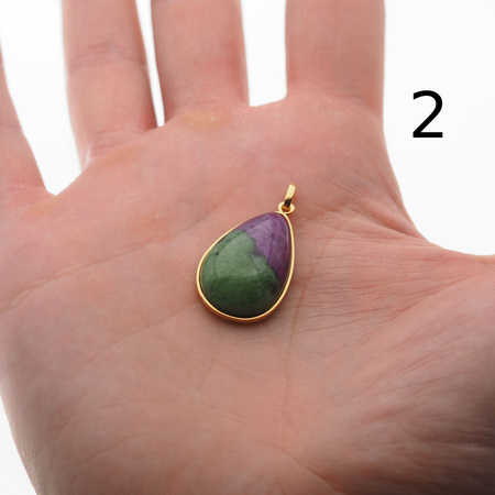 Zawieszka - Zoisyt z Rubinem łza w srebrze złoconym