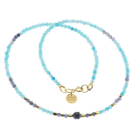 Naszyjnik - cięte Iolit, Amazonit, Hematyt i srebro złocone