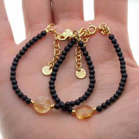 Bransoletka obfitości i ochrony - Cytryn, Turmalin czarny, koniczynka i srebro złocone