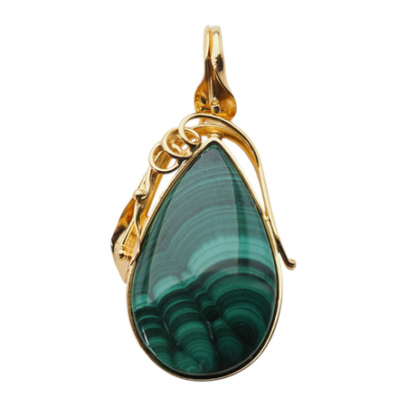 Zawieszka malachit łza w srebrze złoconym z liśćmi