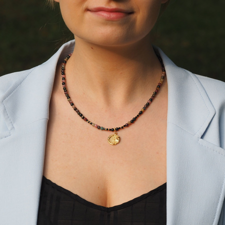 Naszyjnik regulowany - Turmalin kolorowy kulki, zawieszka słońce i srebro złocone