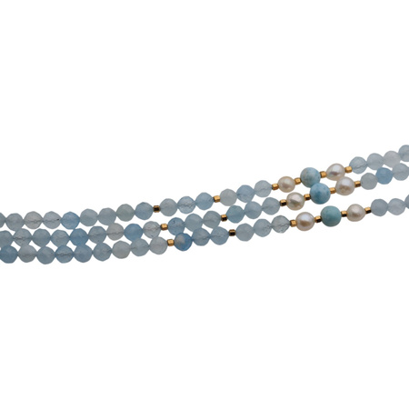 Naszyjnik - Akwamaryn fasetowany, Perły, Larimar, Hematyt i srebro złocone